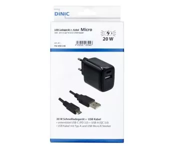 Adaptor de încărcare USB PD/QC 3.0 cu cablu micro USB de 2 m, 20 W, 3,6V~5,9V/3A; 6~9V/2A; 9V~12V/1,5A